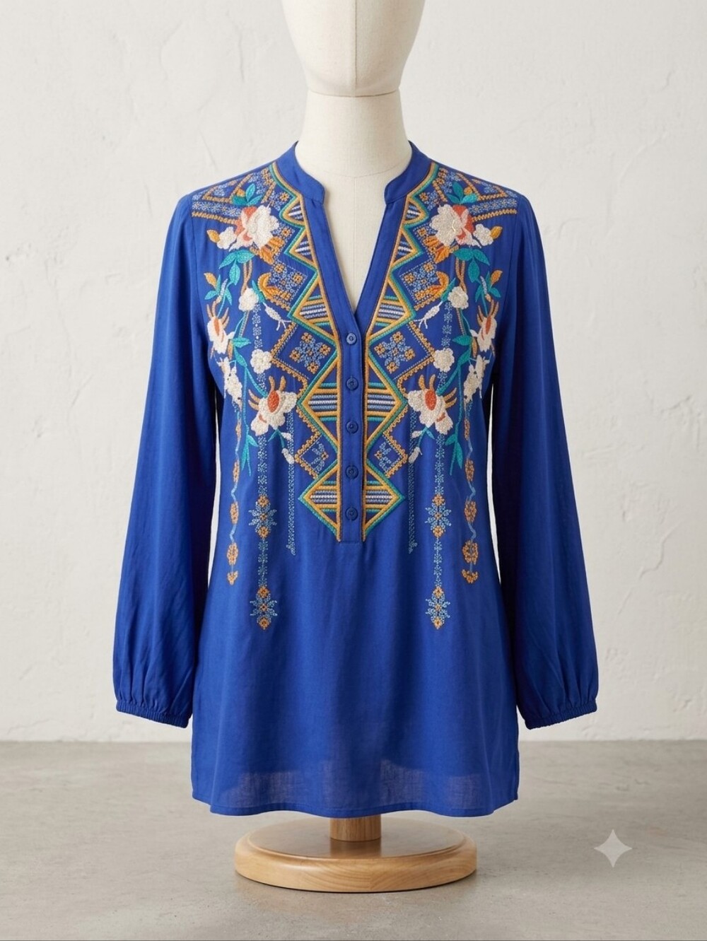 Embroidered Rayon V-Neck Peasant Top - Blue, Size Medium